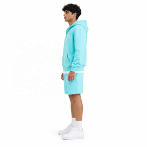 Sweat-shirt à capuche zippé turquoise pour homme en coton French Terry avec poche et logo – Ensemble décontracté d'été avec short – Fournisseur - Product Image 4
