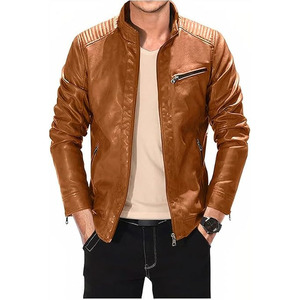 Chaqueta de Cuero para Hombre, Estilo Punk, Cuello Alto Marrón, 100% Poliéster, Teñido en Color Sólido, Resistente al Viento, Impermeable, Transpirable y Ecológica - Product Image 4
