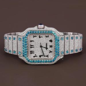 Montre de luxe carrée en quartz glacé pour homme, cadran bleu diamant, cristal saphir, 41 mm, date luminescente, bracelet en acier inoxydable, 3 ATM - Product Image 1