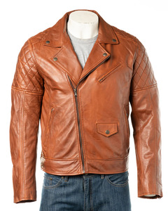 Veste moto en cuir véritable pour homme, marron, matelassée, fermeture éclair aux épaules, col rabattu, coupe classique, style automne - Product Image 2
