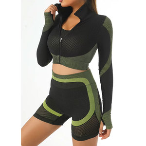 High Waist 2 Piece Yoga Set Seamless Eco-Friendly Black Green Contrast <b>Mesh</b> Crop <b>Top</b> Racerback Sleeveless Shorts Breathable - Product Image 3
