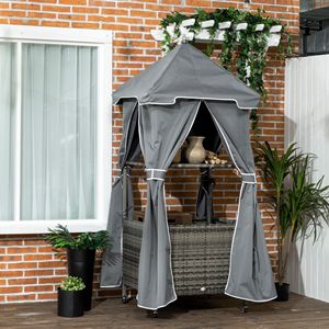 Cesto porta asciugamani grigio in vimini PE effetto rattan con ruote per bordo piscina, con ripiano e cesto portaoggetti per asciugamani - Product Image 2