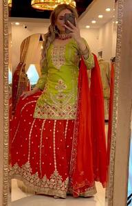 Lime <b>Green</b> Red Chinnon <b>Silk</b> Embroidered Sharara Suit with Dupatta for Women Winter Wedding Party Wear Stretchable Modern Design - Product Image 2