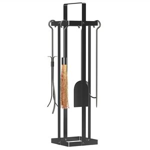 Ensemble de 5 outils de cheminée en métal noir pour intérieur/extérieur avec brosse, balayette, pioche, pelle, pinces et support - Product Image 1