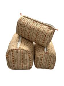 Luxury Beige Floral Quilted Cosmetic Bag | Handmade Pink Buti Cotton <b>Makeup</b> Pouch | Professional Travel Toiletry Masterpiece - Product Image 6