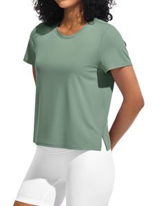 T-shirts de sport pour femmes en soie glacée à manches courtes, tendance et élégants, séchage rapide, col bateau, coupe ample, pour la course à pied - Product Image 1