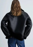 Veste en cuir véritable noire avec garniture en fourrure, col rabattable, fermeture éclair, coupe ample, style moto, vêtement d'hiver