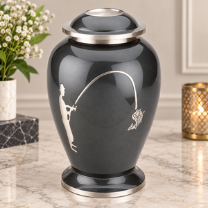 Urna Artesanal de Pescador con Diseño de Pesca, Acabado Gris Oscuro, Detalles Plateados, Recuerdo Conmemorativo para Cenizas, Porta Recuerdos - Product Image 1