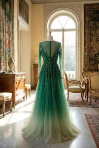 Vestido de Noche Verde Esmeralda de Manga Larga, Vestido de Tul con Cuentas Hechas a Mano, Vestido de Graduación Personalizado, Fabricante OEM - Product Image 3