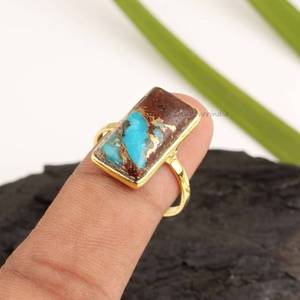 Hot Selling 9x18mm Rectangle Rhodium Plated 925 Sterling Silver 18K Gold Lava Copper <b>Turquoise</b> Bezel Set Trendy <b>Ring</b> for Women's - Product Image 1