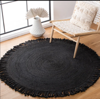 Tapis de zone en jute tressé réversible, plus écologique, style classique, tissé à la main, noir, avec pompons, pour la maison et la chambre, format moyen