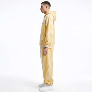 Men's Winter Vintage <b>Yellow</b> Hooded Acid Wash Breathable <b>Tracksuit</b> Set Solid Color Casual Loose Fit Full Length Polyester - Product Image 3