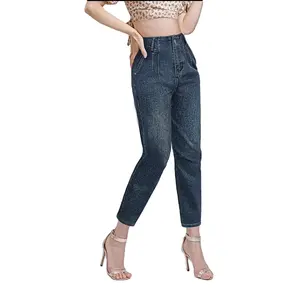 Low Moq Dameskleding Ademende Spandex Katoenen Materiaal Denim Jeans Hoge Taille Baggy Jeans Vrouwen Gemaakt In Vietnam
