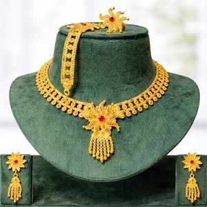 24k Gold Plated Women's Vintage Dubai Fashion Jewelry <b>Set</b> Includes Necklace Earrings <b>Bangles</b> Combs Copper Material Coral - Product Image 6