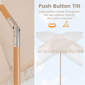 Ombrellone da Giardino Boho da 1,8 m con Palo in Legno di Faggio da 2,5 m, Stecche in Fibra di Vetro, Inclinazione a Pulsante e Nappe Incluse - Product Image 6