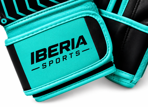 Gants de boxe IBERIA Premium noirs avec accent cyan en cuir PU, gants d'entraînement, logo personnalisé, équipement sportif en gros OEM - Product Image 5