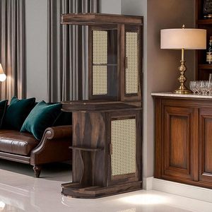 Mueble Bar Redondo de Madera con Almacenamiento para Vino y Bebidas, Acabado en Nogal, Mueble Exhibidor de Licores para Sala de Estar o Comedor - Product Image 1