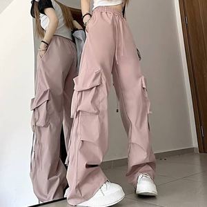 Pantalones Cargo Deportivos de Pierna Ancha y Corte Regular para Mujer, Cintura Elástica con Botones, Color Sólido, Pantalones Largos - Product Image 4