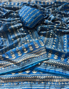 KV Women's Digital Print <b>Mirror</b> Work Silk Chinon Fabric Reversible Wrinkle-Free Saree <b>with</b> Unstitched Blouse - Product Image 3