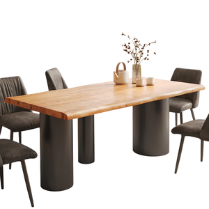 โต๊ะรับประทานอาหารทรงบาร์เรล ดีไซน์อุตสาหกรรม แข็งแรงทนทาน ทำจากไม้กระถินเทศแท้ ขอบไม้ธรรมชาติ ขาเหล็กสีดำและสีธรรมชาติ เหมาะสำหรับบ้านและห้องครัว - Product Image 2