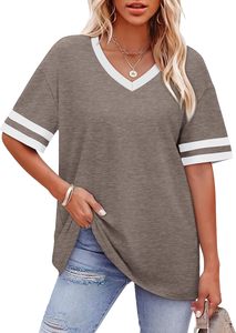Camiseta de Manga Corta con Cuello en V para Mujer, Color Verde Sólido, Corte Holgado, Informal, de Algodón Jersey, Estilo Primavera-Verano - Product Image 4