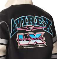 Veste universitaire noire Avirex avec patch brodé, fermeture à boutons sur le devant, en cuir, décontractée, imperméable, coupe-vent, respirante pour l'hiver