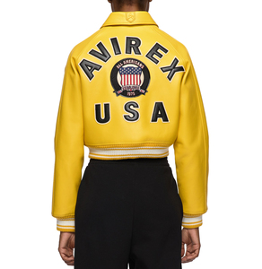 Chaqueta Varsity de Cuero PU Amarillo de Primera Calidad, Color Personalizado, Parche Bordado, Cuello en V, Cierre de Cinturón, Estilo Hip Hop - Product Image 2
