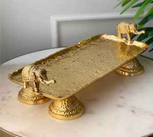 Plateau de service rectangulaire de luxe en métal, motif éléphant traditionnel, plaqué or, poli à la main, décoratif pour fruits secs et décoration intérieure - Product Image 3