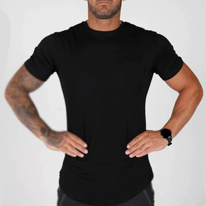 T-shirt pour homme à manches courtes, coupe ajustée, col rond, gris uni, jersey tricoté à séchage rapide, vêtements décontractés - Product Image 2