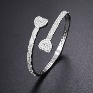 Heart Cut Crystal <b>Cuff</b> <b>Bracelet</b> Rhodium Plated 925 <b>Silver</b> Women's Luxury Wedding Jewelry - Product Image 2