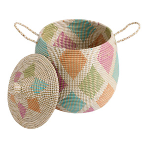 ตะกร้าสานจากหญ้าทะเลทรงกลมสุดหรูของ Claire รุ่น DOAN KET 1 พร้อมฝาปิดและหูหิ้ว เป็นมิตรกับสิ่งแวดล้อมและใช้งานได้หลากหลาย - Product Image 1
