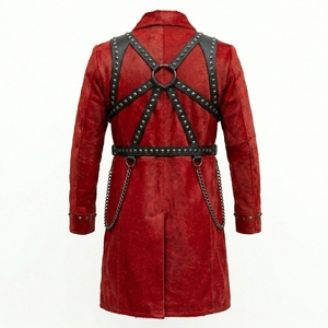 Custom Men Hair On Hide Real Leather Trench Coat Wholesale Studded Harness Heavy Metal Chain <b>Punk</b> Overcoat Supplier Factory - Product Image 2