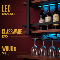 Porte-bouteilles mural avec éclairage LED, étagère à vin en métal et bois avec porte-verres pour bar à domicile, présentoir à 3 niveaux