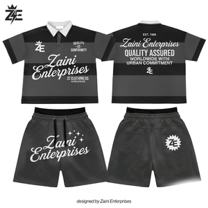 Conjunto de Camiseta y Pantalones Cortos Extra Grandes Personalizados, 280 GSM, 100% Poliéster, Felpa Francesa, Color Negro Lavado, Logotipo Estampado en Relieve, Estilo Casual de Verano - Product Image 1