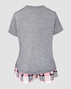 Haut de nuit tricoté gris à manches courtes pour femme avec ourlet géométrique rose – Tenue décontractée d'été - Product Image 1