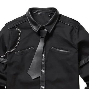 Customized <b>Men's</b> Button-Up Gothic-Punk Shirt with Detachable Leather Tie Patchwork Streetwear Top Sell - Product Image 5