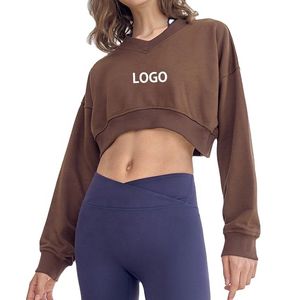 Sweat-shirt court marron pour femme, col en V, manches longues, épaules tombantes, en coton tricoté, décontracté, pour l'automne, avec logo lettre sur le devant - Product Image 6