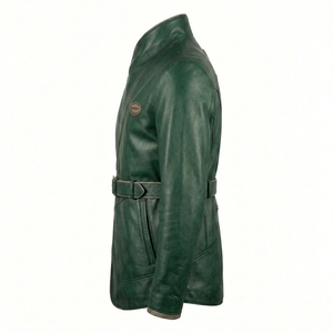 Wholesale Factory Men Emerald Green Genuine Leather Belted Wrap Jacket Darkry Custom Safari <b>Trench</b> Coat Outerwear - Product Image 4