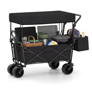 Carrello Pieghevole Nero con Manico Regolabile, Ruote Antiforatura, Freni e Tasche Laterali Rimovibili per Campeggio e Attività all'Aperto - Product Image 2