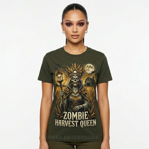 เสื้อยืดผู้หญิงสีเขียวมะกอกแบบกำหนดเอง ลายกราฟิก Harvest Queen Zombie เสื้อผ้าฤดูใบไม้ร่วง ผ้าฝ้ายหวีคุณภาพพรีเมียม แขนสั้นสำหรับผู้หญิง - Product Image 1
