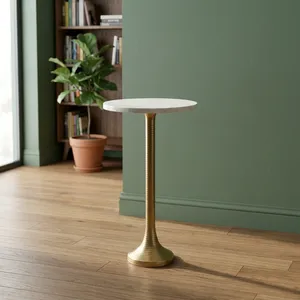 Table d'appoint moderne avec plateau rond en marbre et base en métal décorative en forme de feuille, meuble d'appoint de luxe pour la décoration du salon et de la chambre - Product Image 6