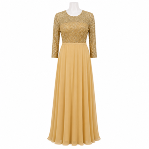 Robe de soirée longue en mousseline de soie à paillettes dorées de luxe, élégante, à manches longues, pour soirée formelle, mariage, cocktail, bal, pour femmes - Product Image 1