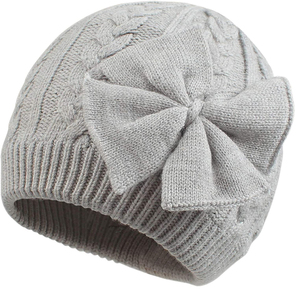 Lindo gorro tejido con lazo para niñas, gorro acrílico hecho a mano de Color sólido cálido para invierno, 54-56CM - Product Image 2