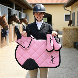 Matching Horse Saddle Pad <b>Set</b> - Shock Absorbing English Riding Pad with <b>Crochet</b> Fly Veil Ear Bonnet & Impact Protection Boots - Product Image 6