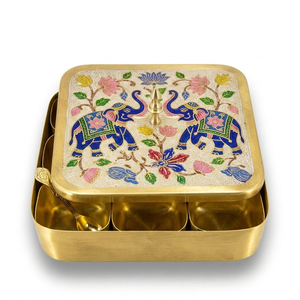 Handcrafted Brass <b>Masala</b> <b>Box</b> with Elephant Meenakari Art Decorative Spice Storage Container for Kitchen Dining Table Gift Use - Product Image 1