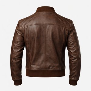Blouson aviateur en cuir véritable marron pour homme avec épaules matelassées et fermeture éclair - Product Image 6