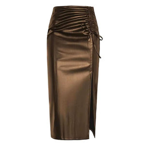 Women's High Waist <b>PU</b> Leather Pencil <b>Skirt</b> Solid Color Side Slit Mid-Calf Breathable Elegant Design for All Seasons - Product Image 1