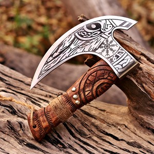 Hache à pizza rustique Viking, faite à la main, en acier à haute teneur en carbone, manche en bois, coupe-pizza DIY OEM, accessoire de cuisine - Product Image 3