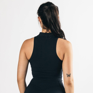 Conjunto de yoga sin costuras negro para mujer: Top corto con cremallera de un cuarto, shorts de cintura alta, espalda cruzada, transpirable y que absorbe el sudor, dos piezas. - Product Image 2