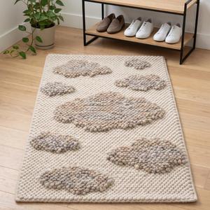 Alfombra de Lana Tejida a Mano con Patrón de Nubes Flotantes en Gris Crema, Alfombra Minimalista para Decoración Moderna del Hogar - Product Image 3